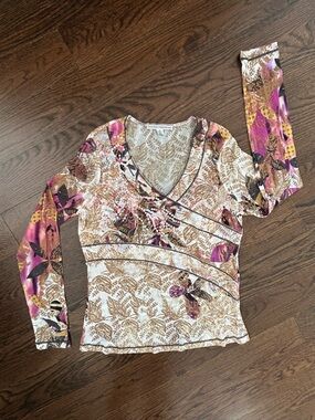 Didier Parakian Paris Mesh Top Size 44 Y2K Floral Sequin Long Sleeve